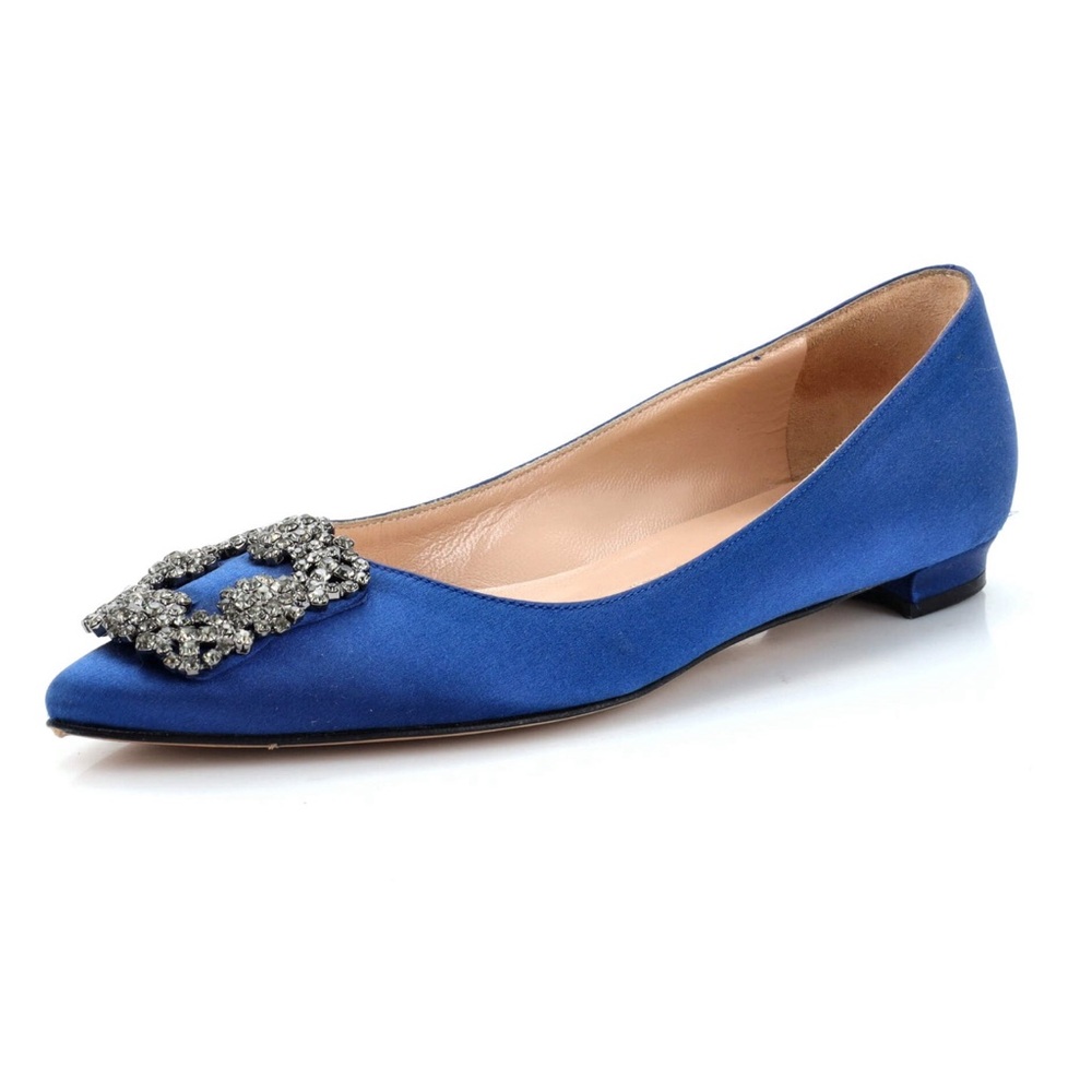 Manolo Blahnik Hangisi Crystal-Buckle Satin Flat in great preowned condition